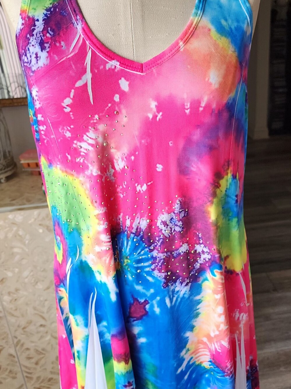 Multicolor Tie-Dyed Lace Racer Back Poly Knit Flared Skirt Dress w/Gold Accents